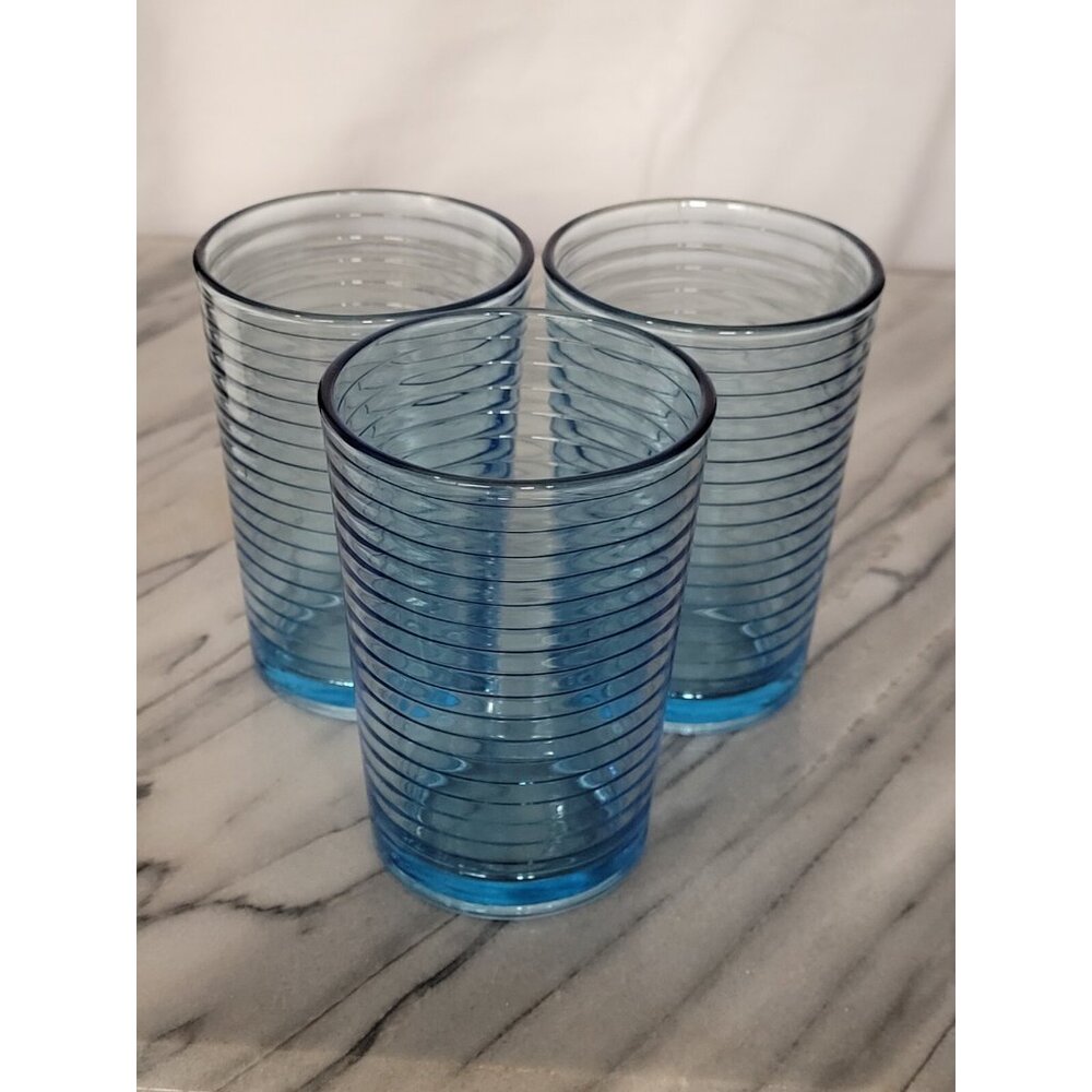 KIG Indonesia 4" Juice Glass Blue Concentric Ribbed Circular Pattern Vintage Set - Picture 7 of 13